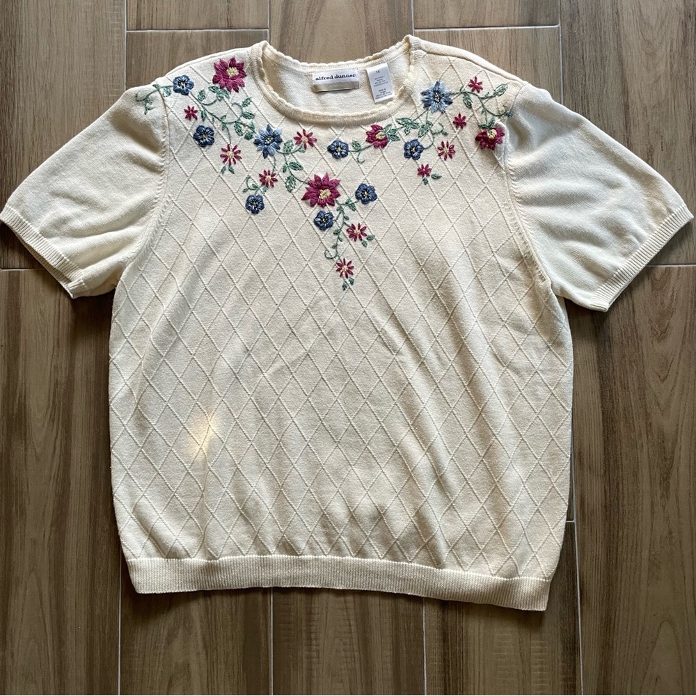 VTG ALFRED DUNNER Beige Knit Embroidered Floral Ramie Sweater Cottagecore Sz 1X
